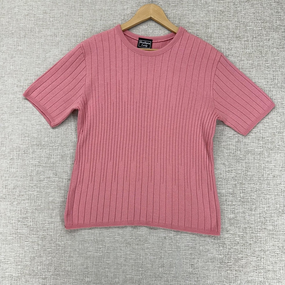 Southern Lady Sweater Womens Medium Pink Ribbed Knit Short Sleeve Pullover